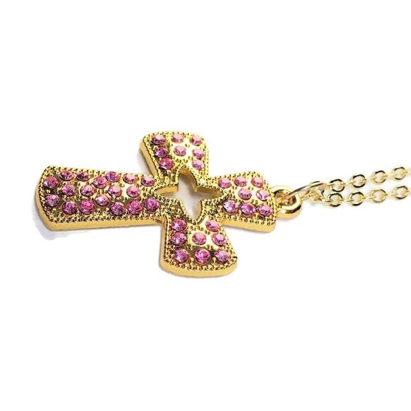 Pink Pave Crystal Cross Necklace - Picture 9 of 14